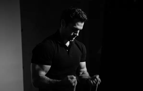 T-shirt, actor, black and white, muscles, athlete, biceps, Henry Cavill, Henry Cavill