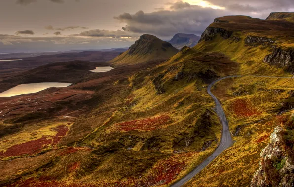 Road, clouds, landscape, mountains, nature, lake, hills, mountain