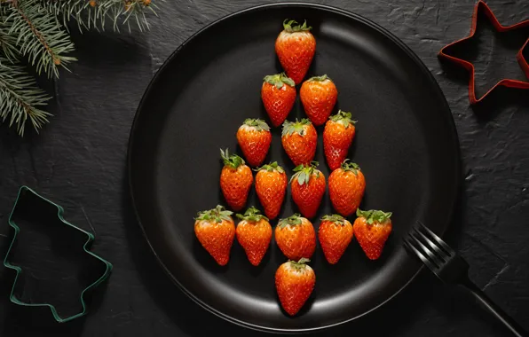Branches, berries, strawberry, plate, Christmas, black, New year, plug