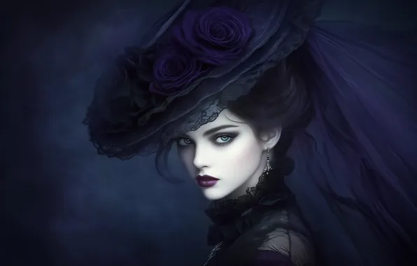 Look, girl, flowers, the dark background, portrait, roses, hat, makeup