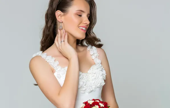 Decoration, flowers, pose, background, roses, bouquet, makeup, dress