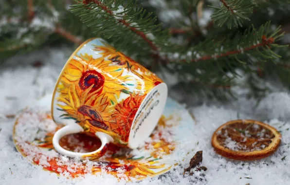 Snow, sunflowers, flowers, branches, orange, yellow, Christmas, mug