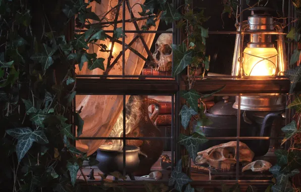 Picture window, lantern, skull, boiler, ivy