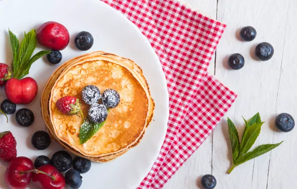 Berries, blueberries, pancakes, pancakes