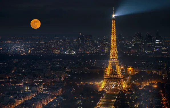 Lights, the moon, France, Paris, panorama, Eiffel tower, Paris, night city