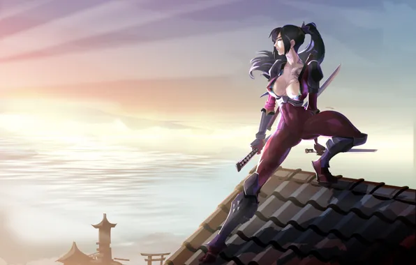 Girl, warrior, samurai, on the roof