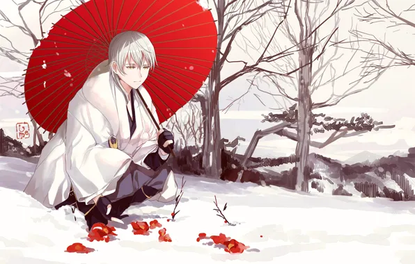 Snow, umbrella, anime, art, guy, Touken ranbu