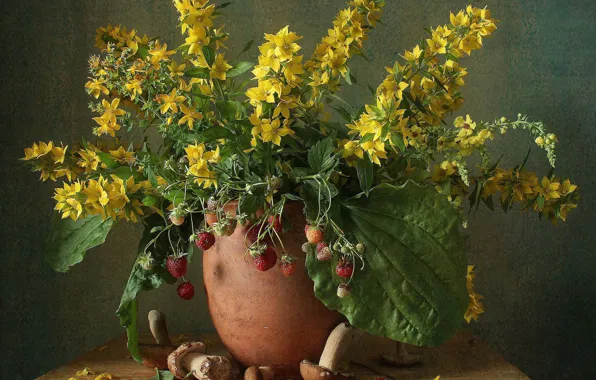 Leaves, flowers, berries, table, mushrooms, bouquet, yellow, strawberries