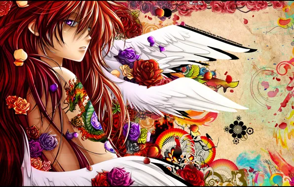 Flowers, paint, dragon, anime, tattoo