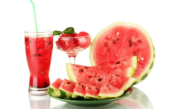 Picture drops, red, glass, watermelon, juice, plate, white background, vase