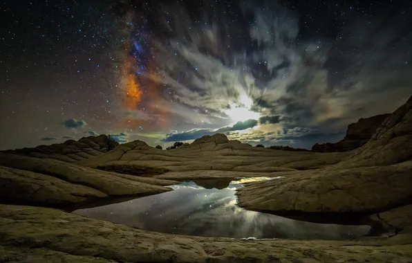Picture stars, night, lake, rocks, AZ, USA, Vermilion Cliffs National Monument, White Pocket