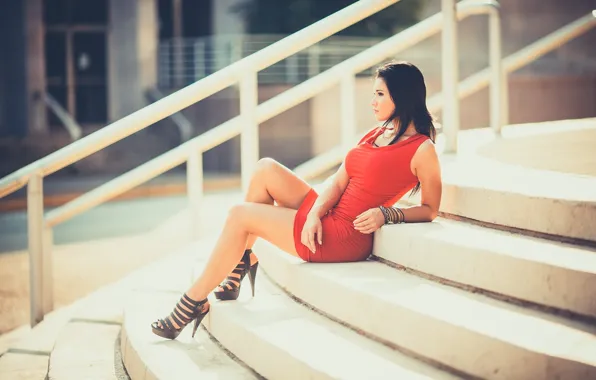 Picture Girl, Red, Model, Emily, Dress, Sitting, Stairs