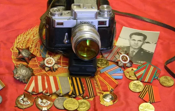 Background, the camera, awards, medals, order, &ampquot;Kiev&ampquot;, black-and-white photograph