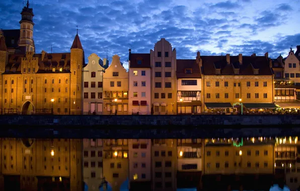 Picture city, lights, wall, twilight, river, sky, water, night