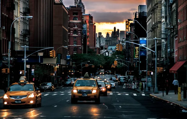 Picture dawn, street, New York, taxi