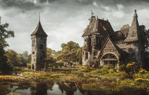 Landscape, clouds, nature, pond, castle, shore, tower, picture