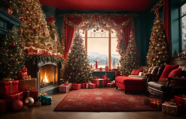 Decoration, room, balls, tree, interior, New Year, Christmas, gifts