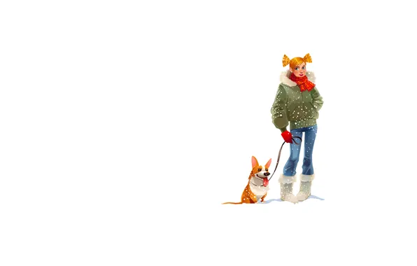 Winter, girl, snowflakes, dog, scarf, tails, white