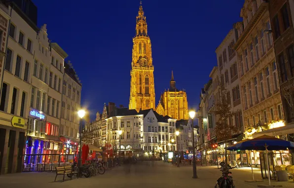 Night, tower, home, Belgium, Antwerp