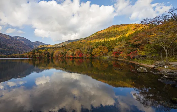 Autumn, forest, clouds, mountains, lake, reflection