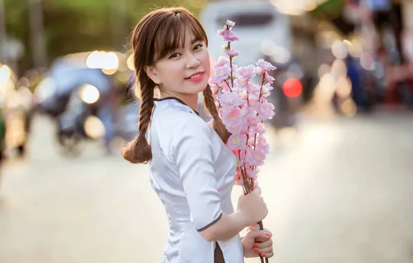 Picture girl, flowers, sweetheart, dress, Asian, braids