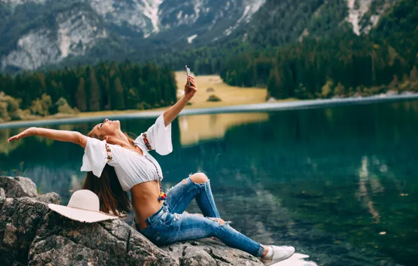 Forest, girl, landscape, mountains, nature, pose, smile, lake