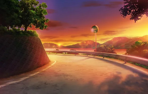 Road, sea, sunset, mountains, turn