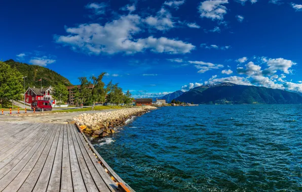 Forest, the sky, the sun, clouds, trees, mountains, stones, shore