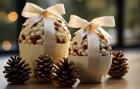 Christmas, gifts, New year, bows, bumps, braid, packaging, AI art