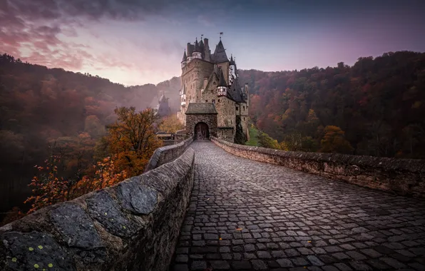 Autumn, forest, the sky, clouds, trees, bridge, castle, view