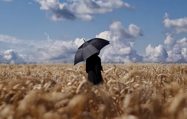 Field, the sky, umbrella, male, wheat field, horizon clouds