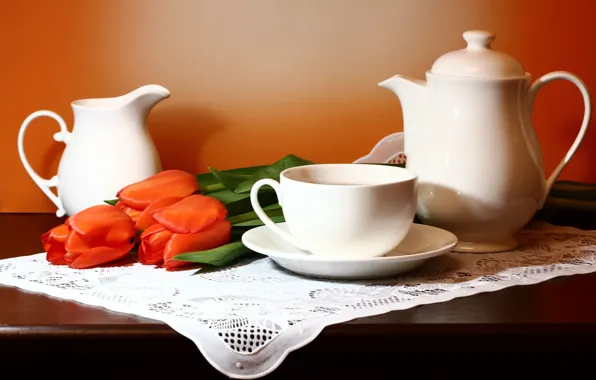 Tulips, dishes, still life