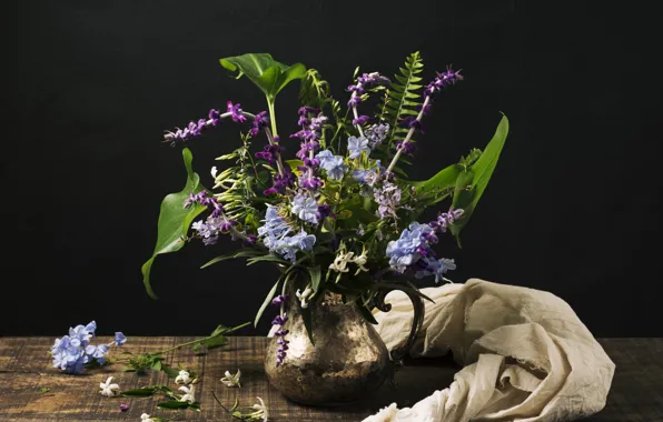 Picture flowers, table, bouquet, pitcher