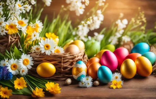 Flowers, eggs, spring, colorful, Easter, happy, flowers, spring