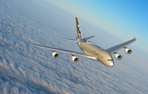 Clouds, A380, Airbus, Etihad Airways, Airbus A380, A passenger plane, Airbus A380-800