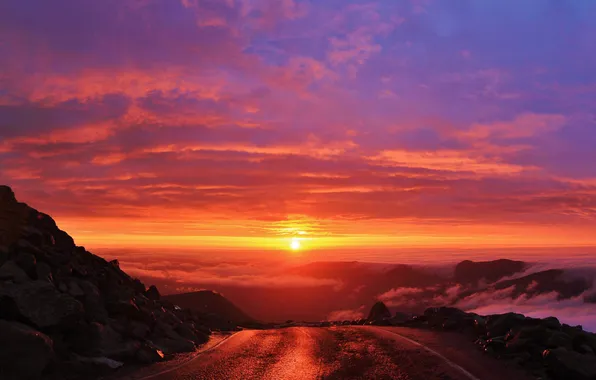 Road, the sky, clouds, sunset, mountains, stones
