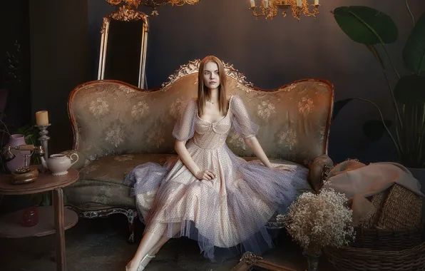 Look, girl, flowers, pose, photo, sofa, dress, chandelier