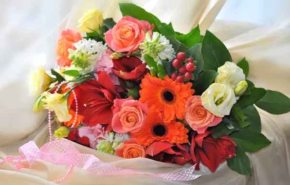 Roses, bouquet, gerbera, hyacinth, eustoma, there