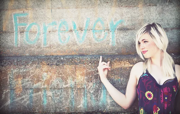 Girl, Blonde, Wall, Smile, The inscription, Mood, Beauty, Forever