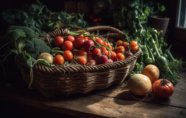 Greens, light, table, Board, food, harvest, still life, basket