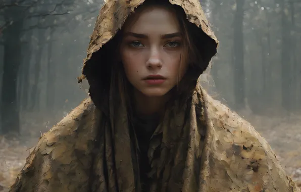 Forest, look, girl, fog, portrait, hood, haze, cloak