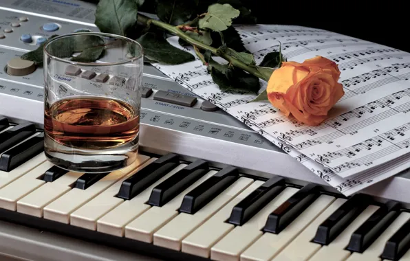 Picture glass, notes, rose, keys, whiskey