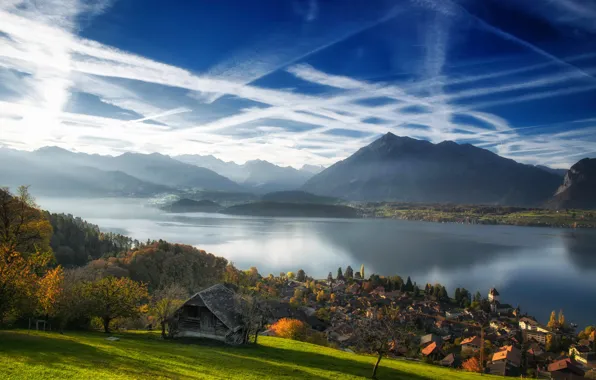 Autumn, clouds, mountains, lake, Switzerland, village, Switzerland, Lake Thun