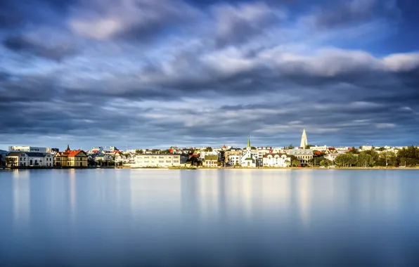 The sky, water, lake, building, Iceland, water surface, Iceland, Reykjavik