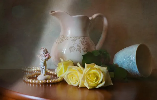 Flowers, table, roses, angel, dishes, pearl, beads, figurine