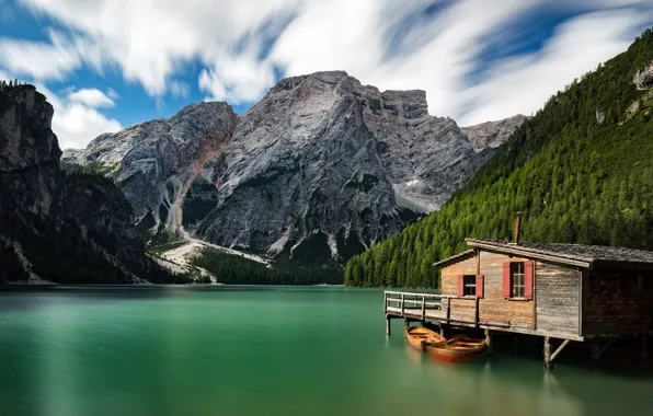 Mountains, lake, boats, Italy, house, Italy, The Dolomites, South Tyrol