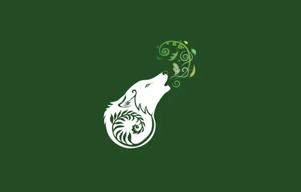 White, leaves, style, wolf, dog, minimalism, green background, wolf