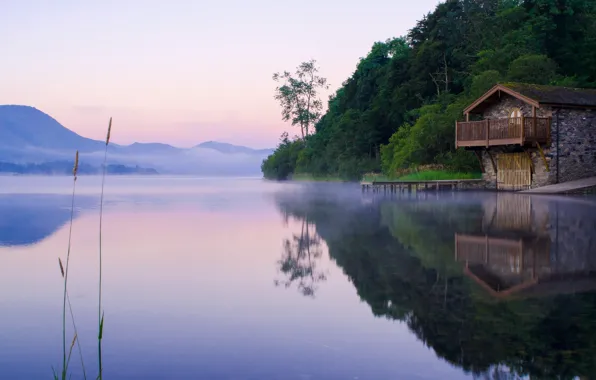 Fog, lake, reflection, England, haze, Ullswater, elling, Ullswater