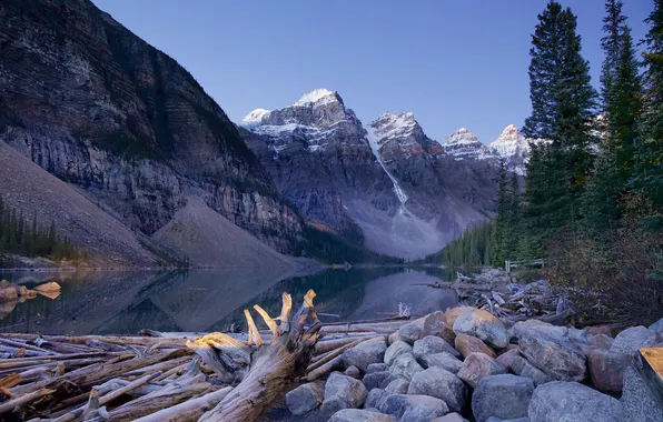 Forest, the sky, trees, mountains, lake, Canada, Alberta, Moraine Lake