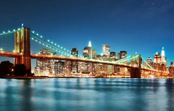 Night, bridge, the city, lights, new York, new york, Brooklyn bridge, brooklyn bridge